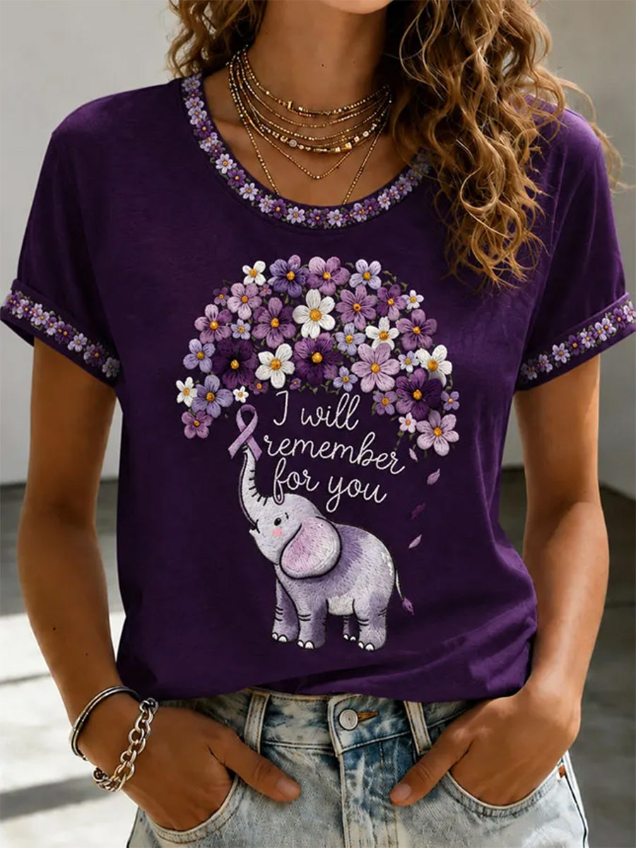 T-shirt femme à imprimé floral violet et de sensibilisation à la maladie d’Alzheimer