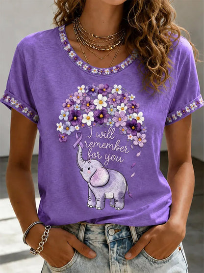 T-shirt femme à imprimé floral violet et de sensibilisation à la maladie d’Alzheimer