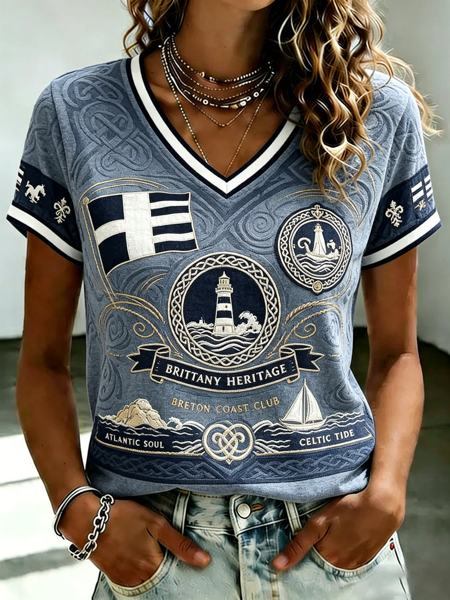 T-shirt à col en V imprimé celtique de Bretagne pour femmes