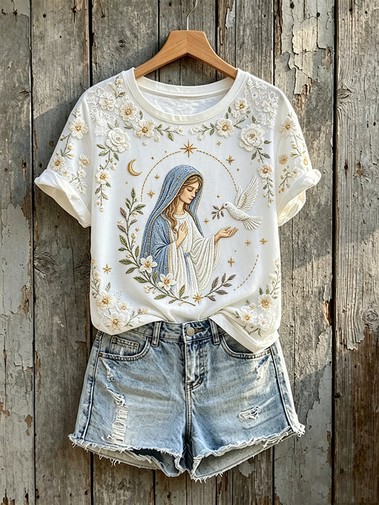 T-shirt à manches courtes femme chic vierge marie imprimé floral