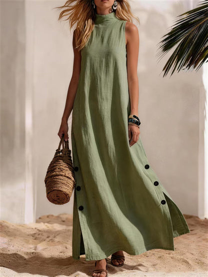Femmes Casual Mock Neck Button Down Side Slit Lin Maxi Dress