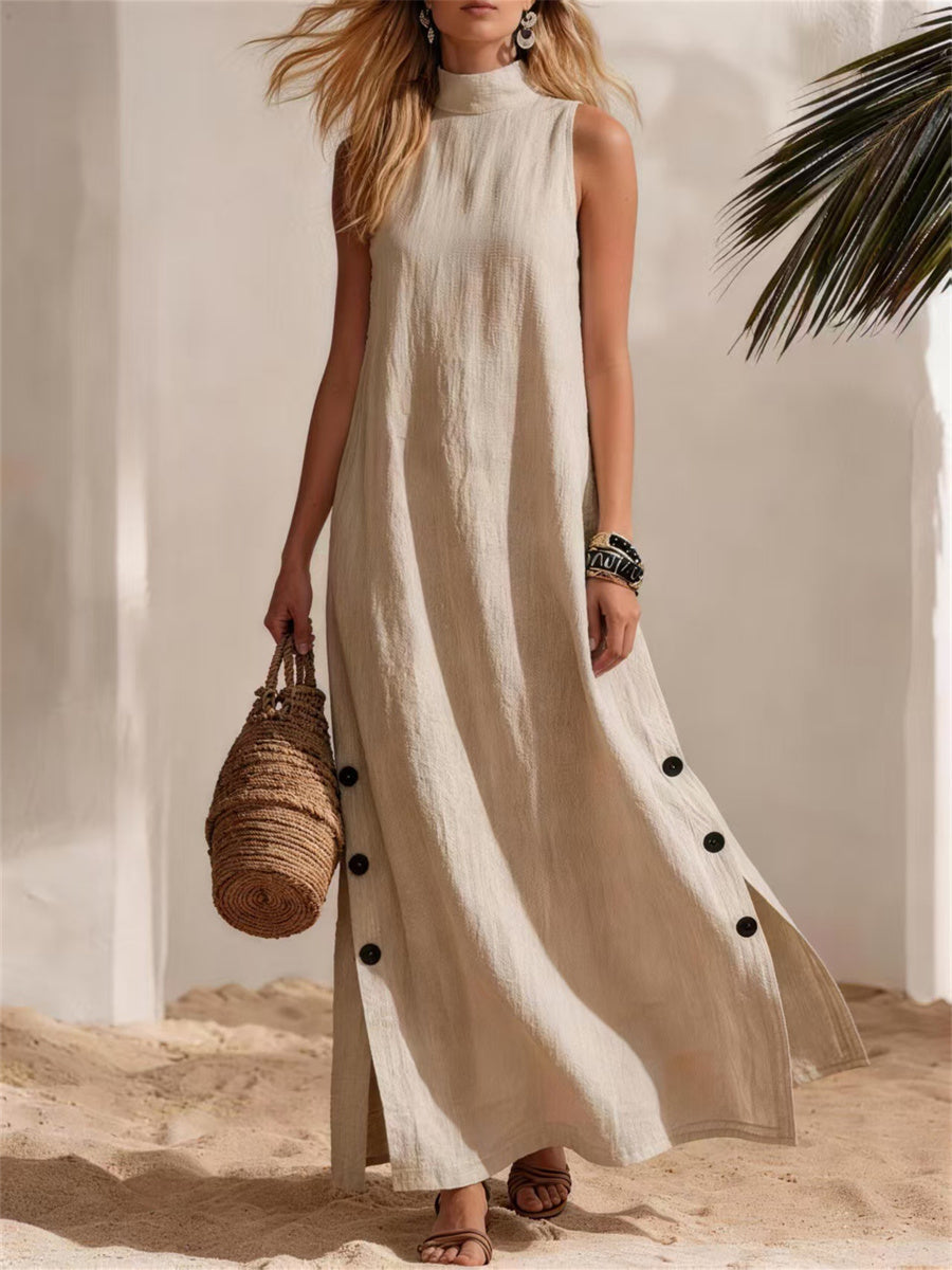 Femmes Casual Mock Neck Button Down Side Slit Lin Maxi Dress