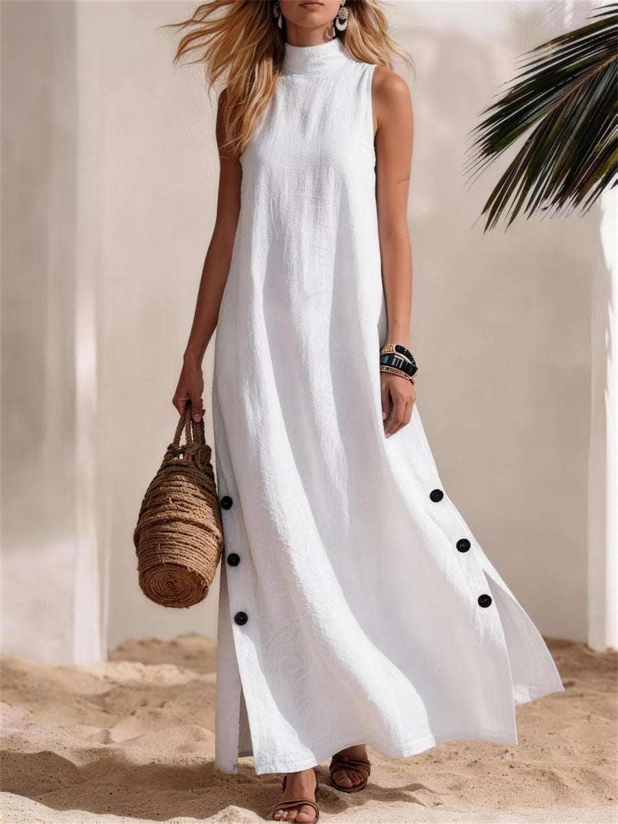 Femmes Casual Mock Neck Button Down Side Slit Lin Maxi Dress