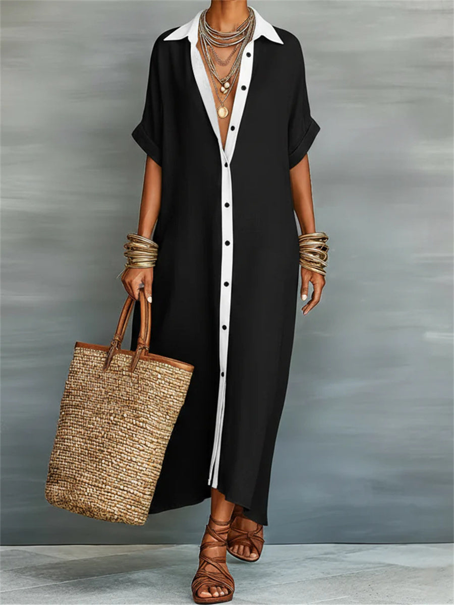 Simple Contraste Couleur Placket Flowy manches courtes Maxi Shirt Dress Femme