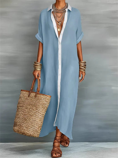 Simple Contraste Couleur Placket Flowy manches courtes Maxi Shirt Dress Femme