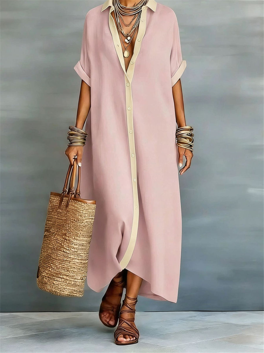 Simple Contraste Couleur Placket Flowy manches courtes Maxi Shirt Dress Femme