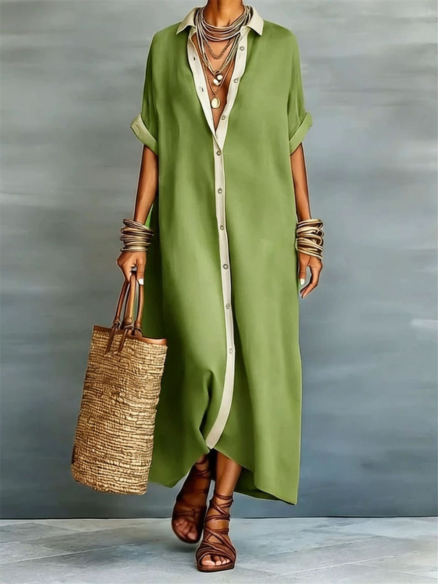 Simple Contraste Couleur Placket Flowy manches courtes Maxi Shirt Dress Femme