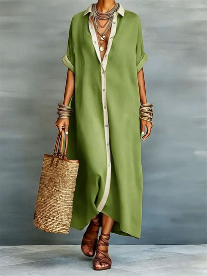 Simple Contraste Couleur Placket Flowy manches courtes Maxi Shirt Dress Femme