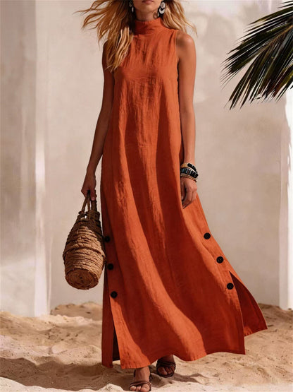Femmes Casual Mock Neck Button Down Side Slit Lin Maxi Dress