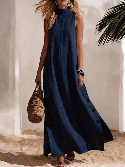 Femmes Casual Mock Neck Button Down Side Slit Lin Maxi Dress