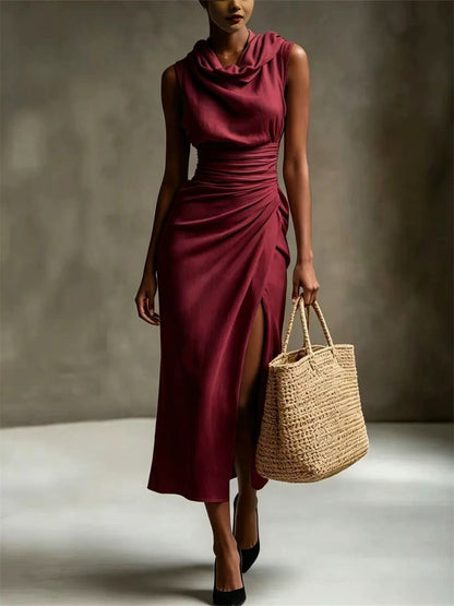 Femmes Chic Cowl Neck Side Slit Maxi Robe en lin