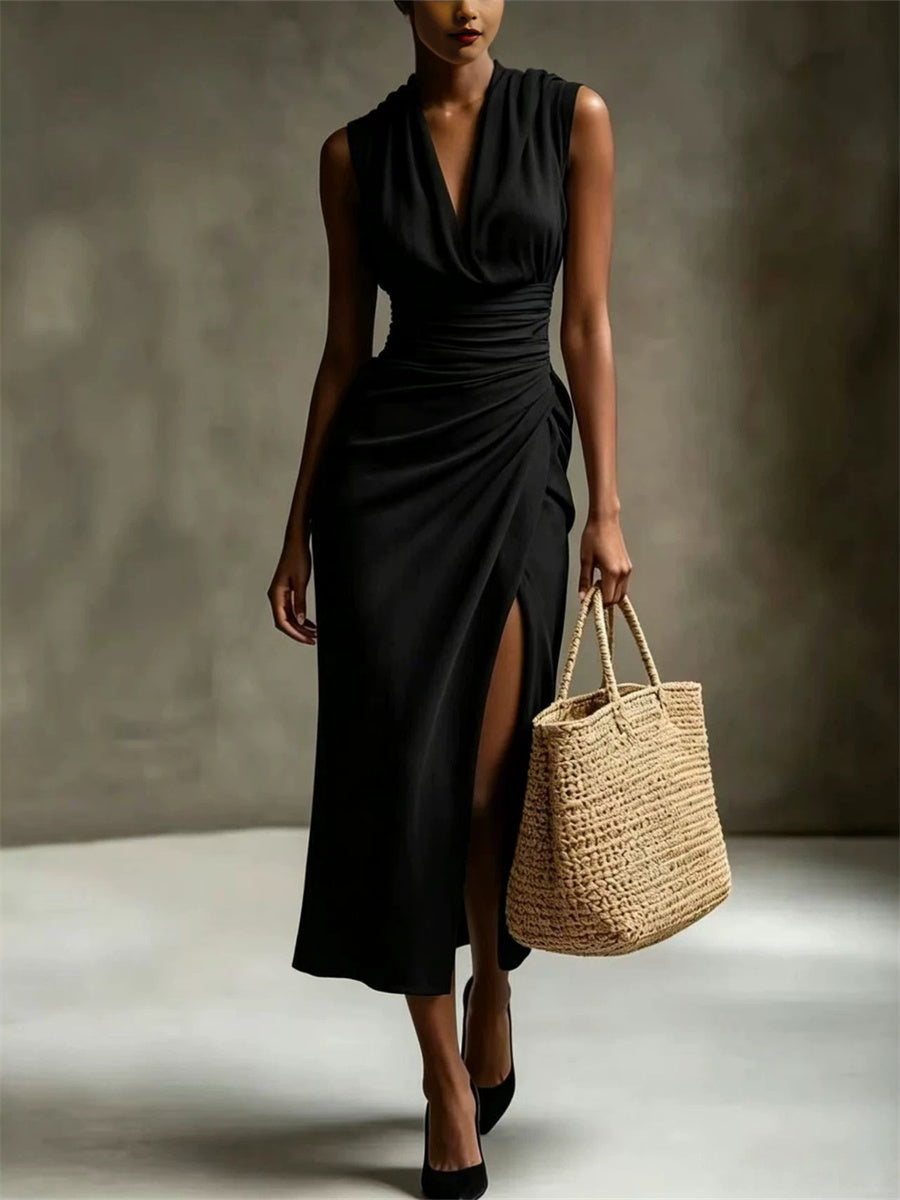 Femmes Chic Cowl Neck Side Slit Maxi Robe en lin