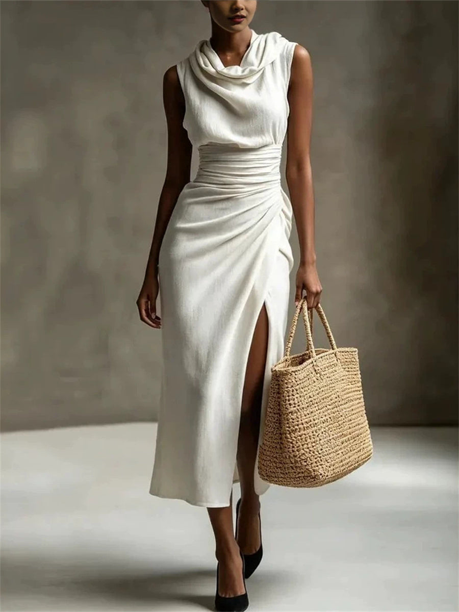 Femmes Chic Cowl Neck Side Slit Maxi Robe en lin