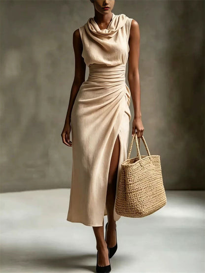 Femmes Chic Cowl Neck Side Slit Maxi Robe en lin