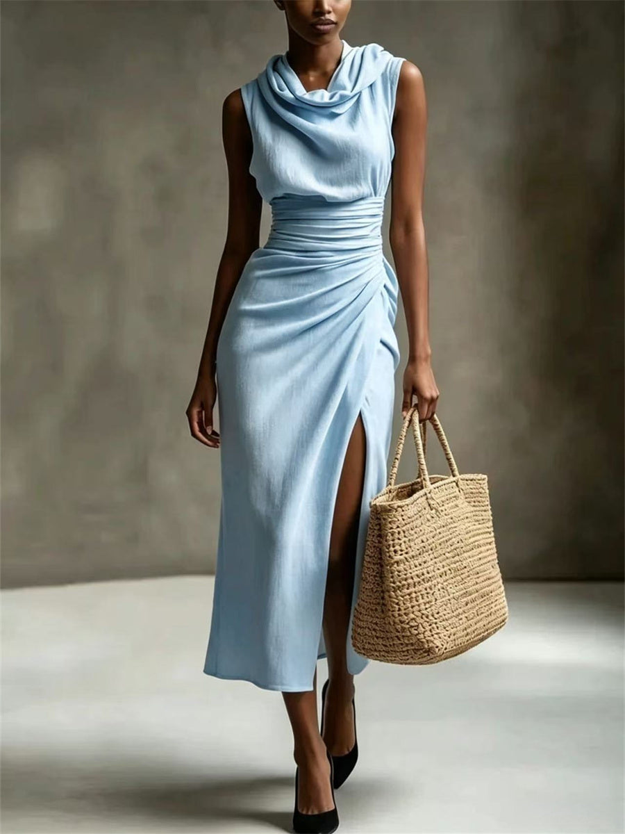 Femmes Chic Cowl Neck Side Slit Maxi Robe en lin