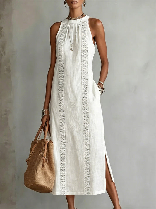 Robe maxi en lin sans manches à fente latérale simple chic pour femmes