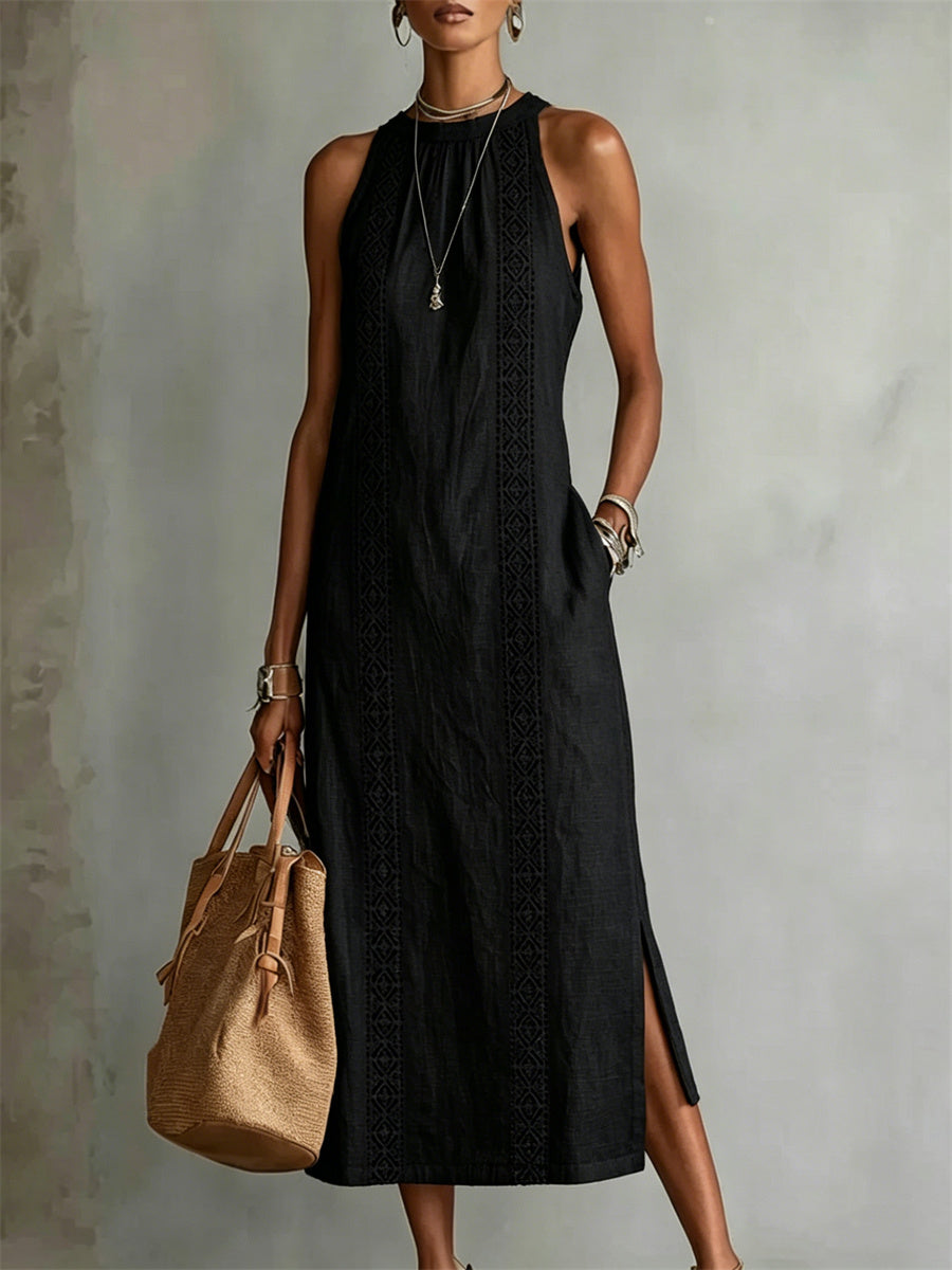 Robe maxi en lin sans manches à fente latérale simple chic pour femmes