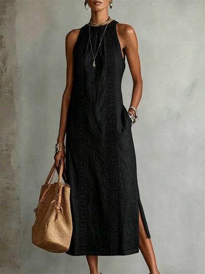 Robe maxi en lin sans manches à fente latérale simple chic pour femmes
