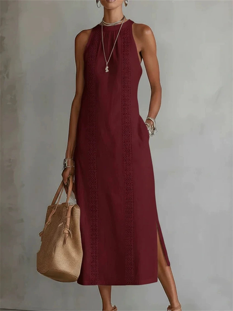 Robe maxi en lin sans manches à fente latérale simple chic pour femmes