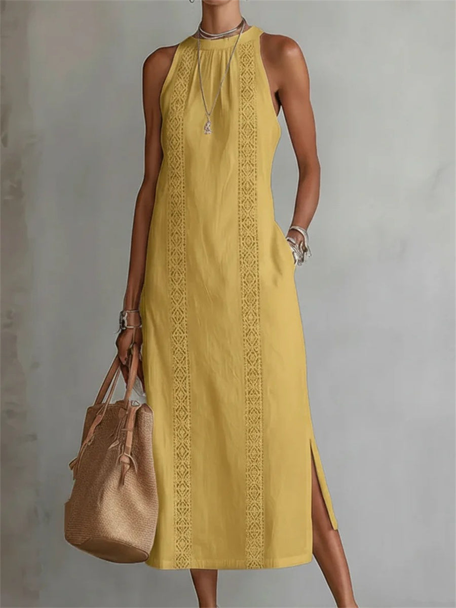 Robe maxi en lin sans manches à fente latérale simple chic pour femmes