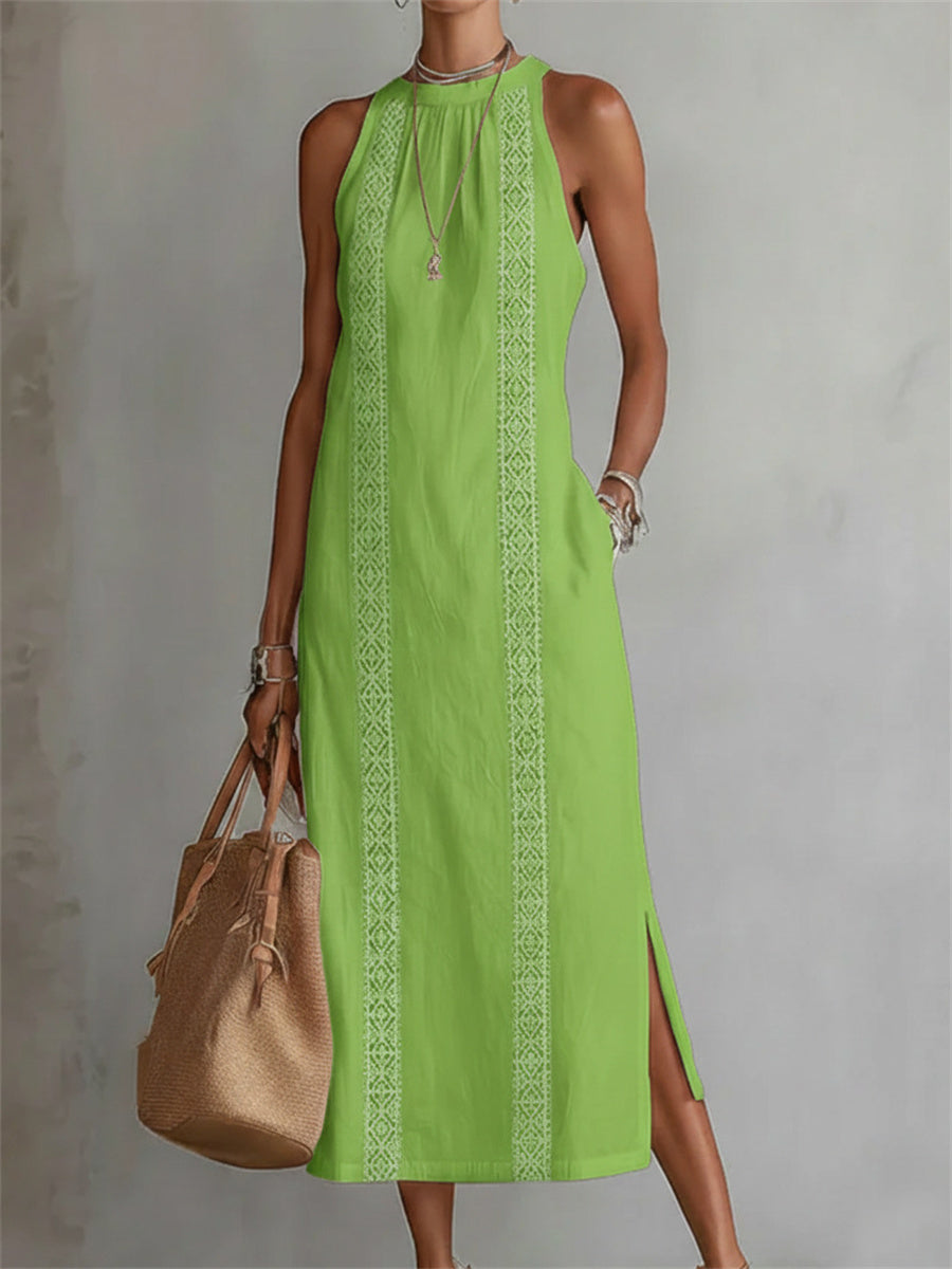 Robe maxi en lin sans manches à fente latérale simple chic pour femmes