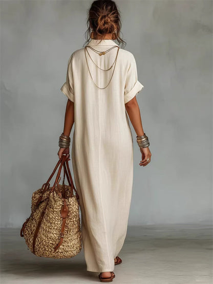 Vintage brodé rabat poche manches courtes lin Maxi robe des femmes