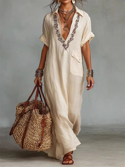 Vintage brodé rabat poche manches courtes lin Maxi robe des femmes
