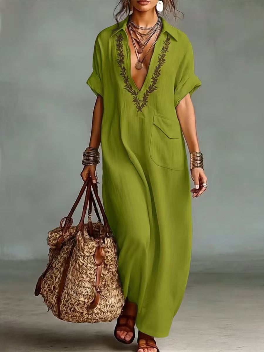 Vintage brodé rabat poche manches courtes lin Maxi robe des femmes