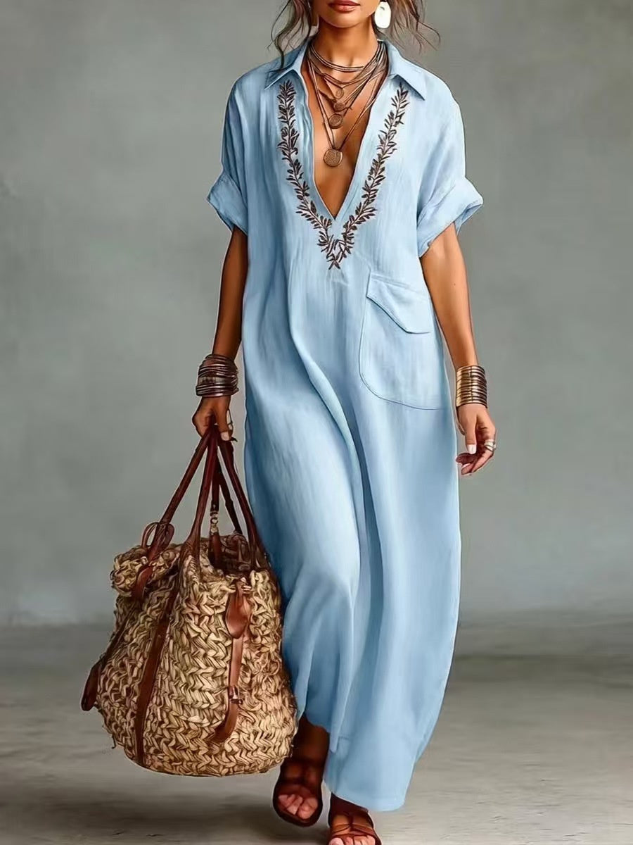 Vintage brodé rabat poche manches courtes lin Maxi robe des femmes