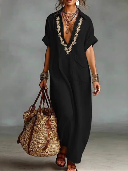 Vintage brodé rabat poche manches courtes lin Maxi robe des femmes