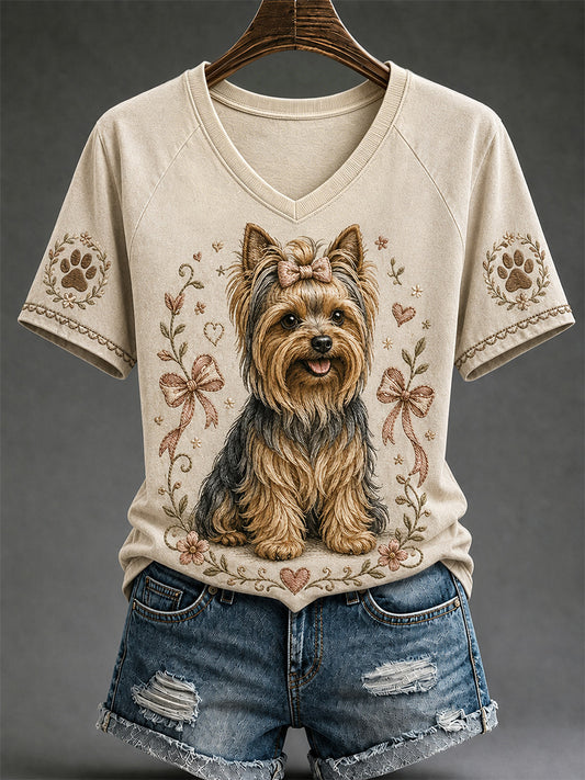 T-shirt décontracté à col en V pour femmes, imprimé chien rétro