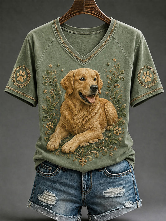 T-shirt décontracté à col en V pour femmes, imprimé chien rétro