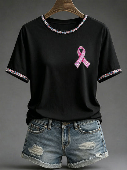 T-shirt décontracté imprimé de sensibilisation au cancer du sein chez la femme