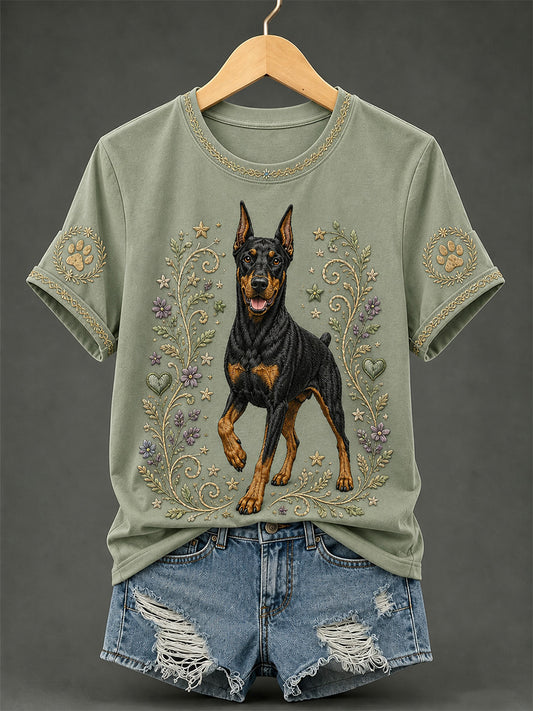 T-shirt décontracté rétro à imprimé floral et chien pour femme