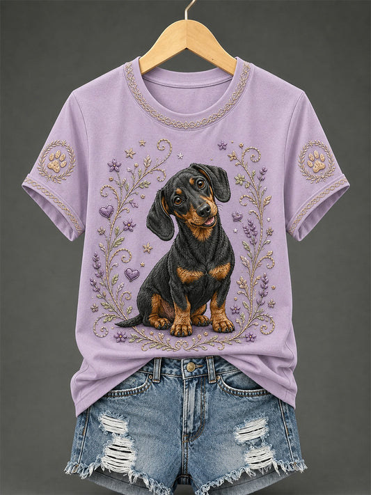 T-shirt décontracté rétro à imprimé floral et chien pour femme