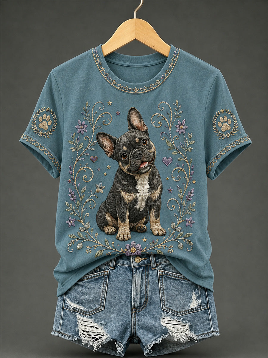T-shirt décontracté rétro à imprimé floral et chien pour femme