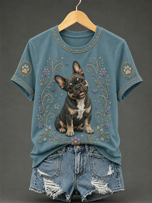 T-shirt décontracté rétro à imprimé floral et chien pour femme