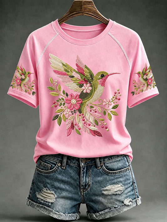 T-shirt décontracté rose pour femme à imprimé colibri