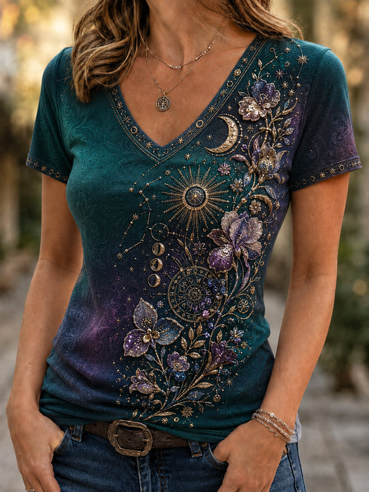 T-shirt décontracté rétro Zodiac Floral Art pour femmes