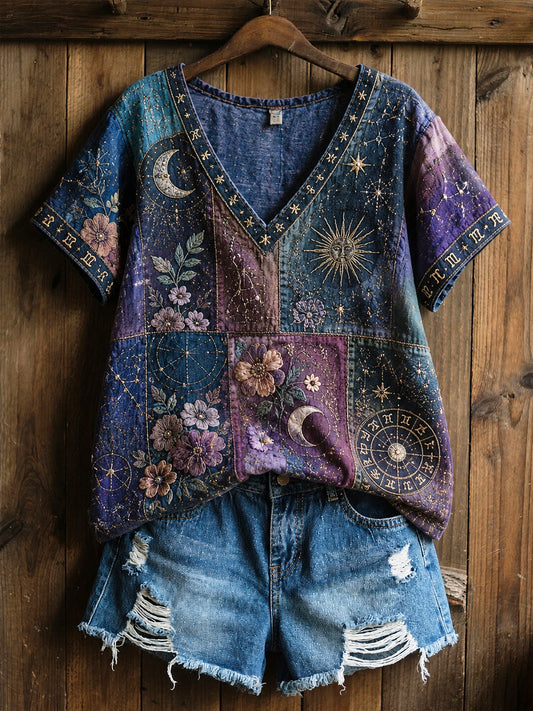 Rétro Zodiaque Floral "Healing Art" Coton-Lin T-shirt