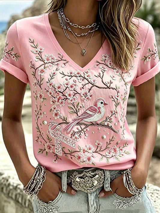 T-shirt à manches courtes avec motifs de sensibilisation au cancer du sein chez la femme