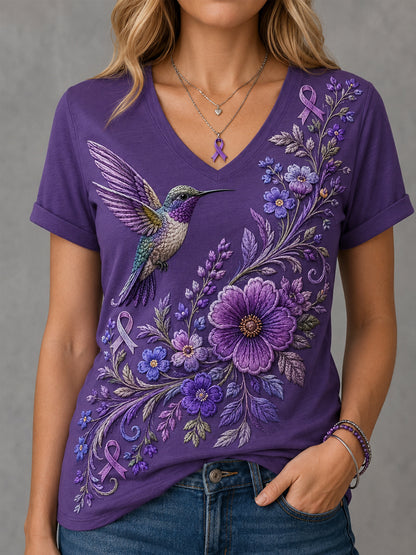T-shirt à col en V pour femmes, imprimé floral violet et colibris, en soutien à la sensibilisation à la maladie d’Alzheimer