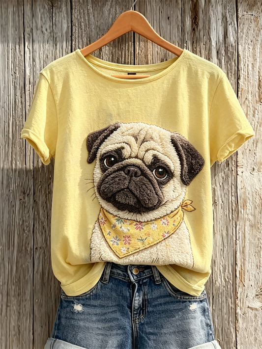 T-shirt manches courtes Fuzzy Pug Dog Print Femme