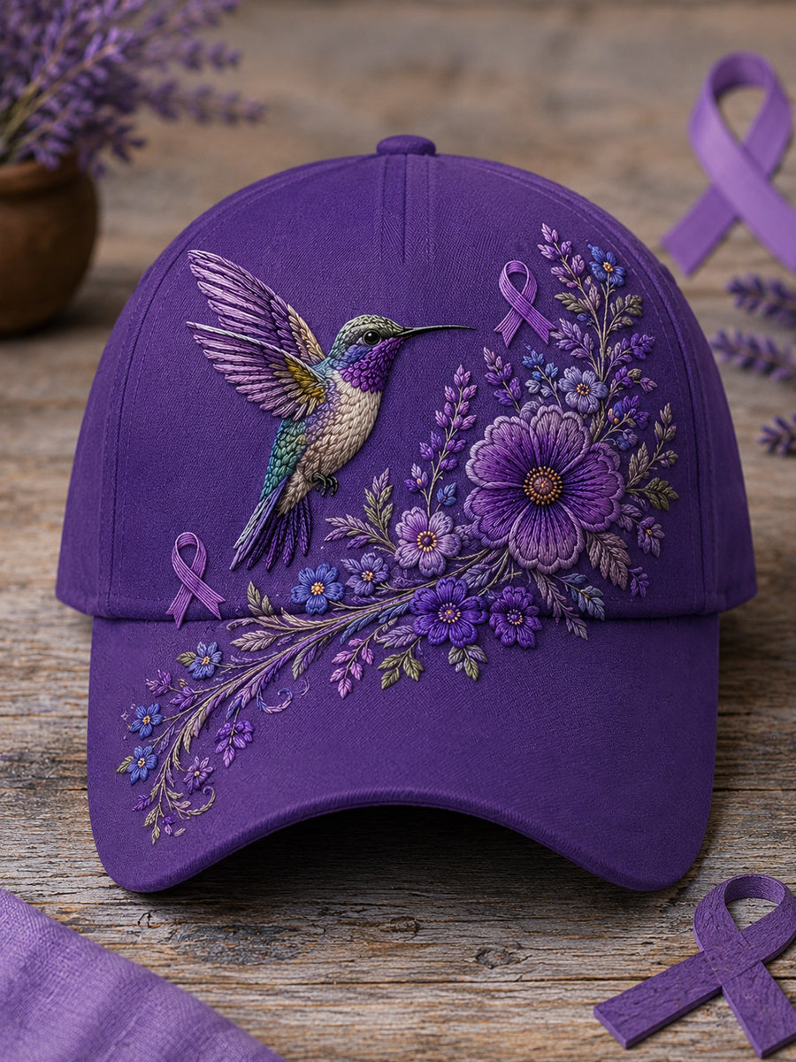 Chapeau de soutien à la sensibilisation à la maladie d’Alzheimer, unisexe, imprimé floral violet et colibri