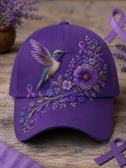 Chapeau de soutien à la sensibilisation à la maladie d’Alzheimer, unisexe, imprimé floral violet et colibri