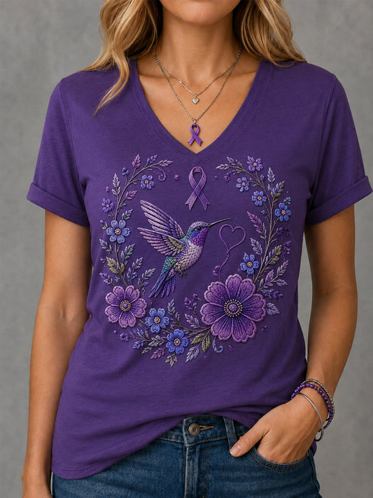 T-shirt à col en V pour femmes, imprimé floral violet et colibris, en soutien à la sensibilisation à la maladie d’Alzheimer