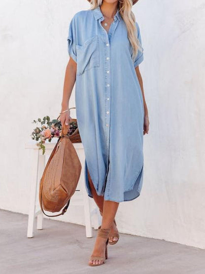 Robe chemise légère mi-longue en denim pour femmes