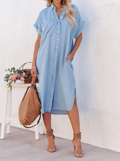 Robe chemise légère mi-longue en denim pour femmes