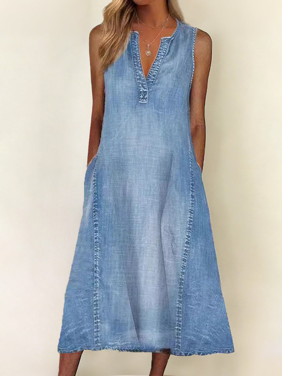 Robe en denim à col en V sans manches élégante pour femmes