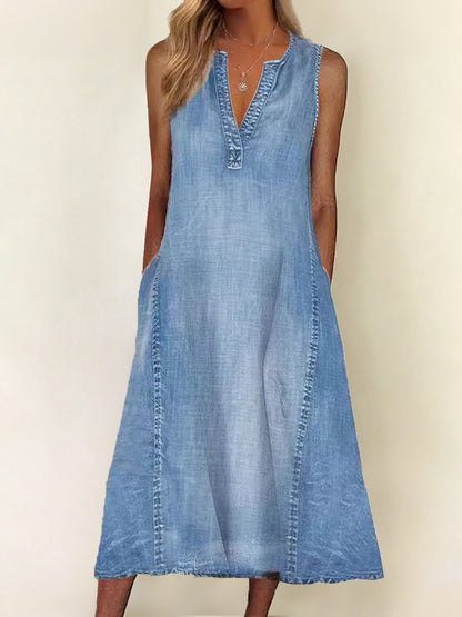 Robe en denim à col en V sans manches élégante pour femmes